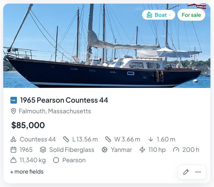 A 1965 sailing yacht saved from a yacht broker — price, length, engine and hours filled in