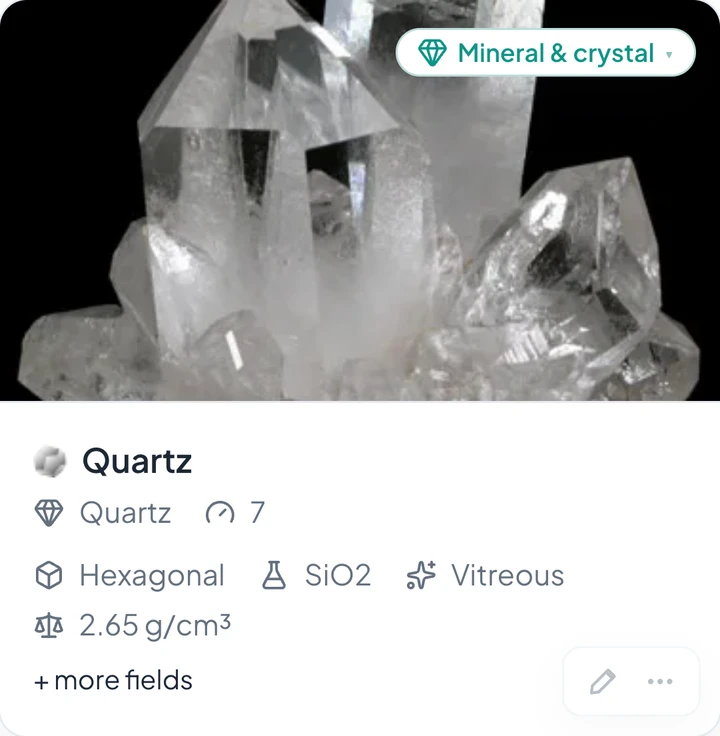 A quartz specimen saved from a mineral shop — crystal system, hardness and density filled in