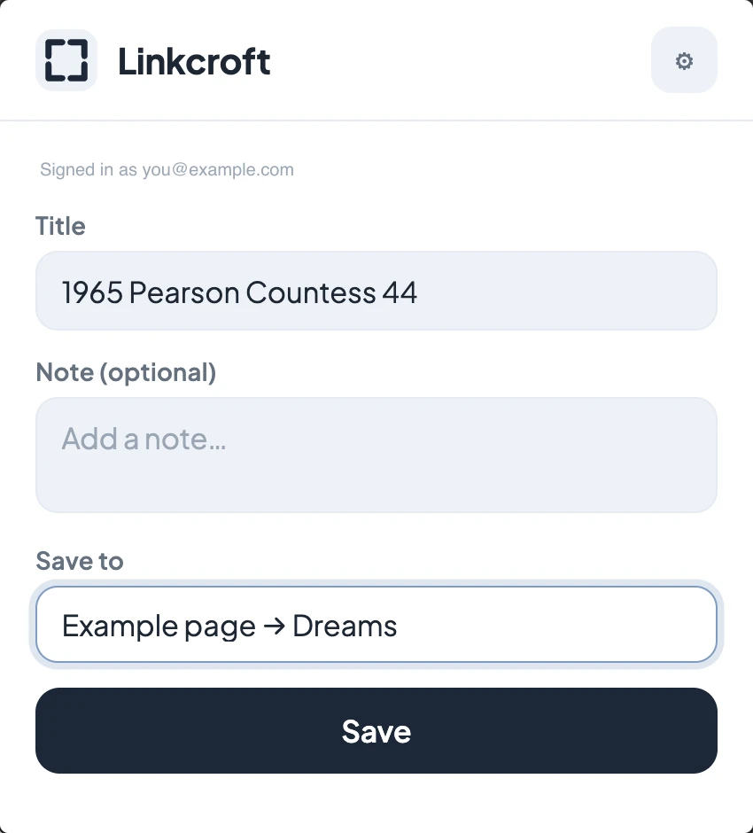 The Linkcroft extension popup saving the page of a 1965 sailing yacht