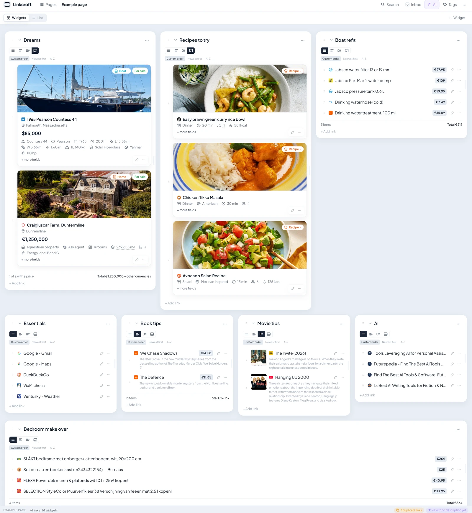One Linkcroft start page with fourteen widgets side by side: a boat and a house as photo tiles, recipes to try, a boat refit list with a running total, everyday links, book tips, movie tips and a bedroom shopping list