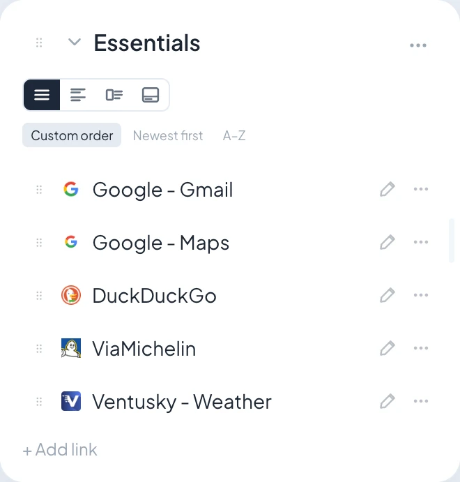 An Essentials widget: a plain list of everyday links, no details needed