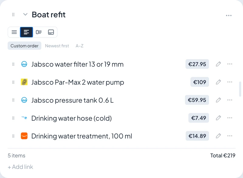 A Boat refit widget with five parts and the running total underneath: 5 items, 219 euros