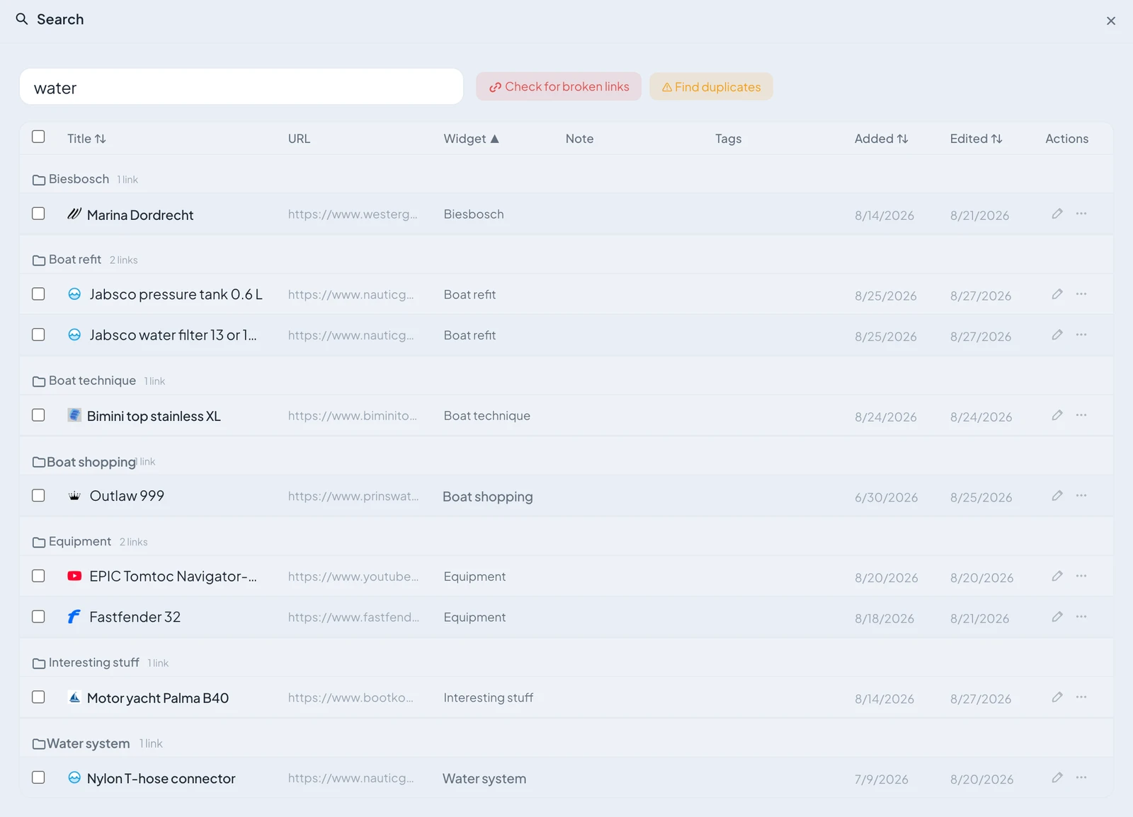 The Linkcroft search panel: the query 'water' with results grouped per widget